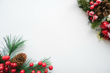 Christmas background with  fir tree, chic, glowing garland and christmas balls on white background