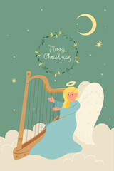 Banner or postcard with a Christmas angel with a harp. Vector graphics.