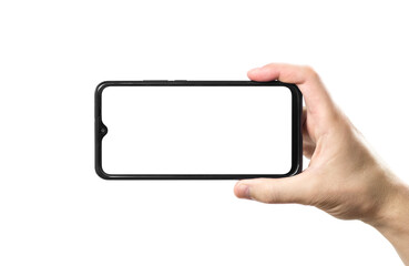 man hand holding horizontally modern smart phone isolated on white background