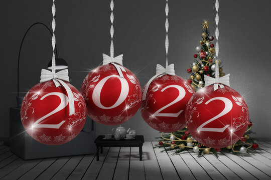 Illustrazione 3D. Anno nuovo 2022. Capodanno 2022 in numeri e con decorazione natalizia..