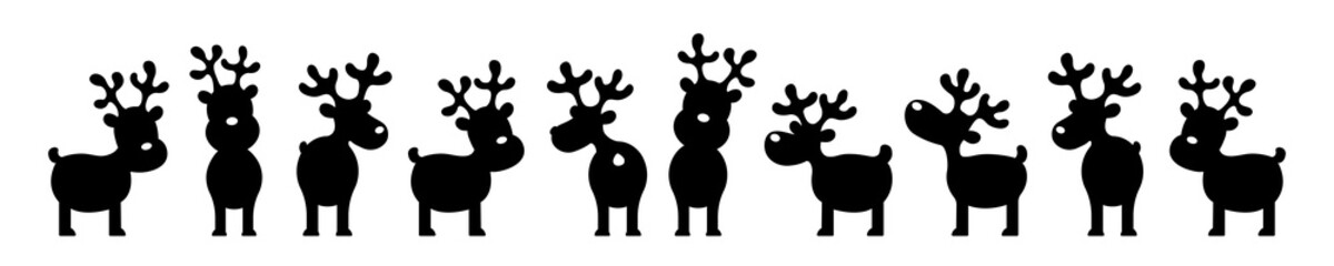 Group of cartoon reindeers isolated on white. Set of reindeers icons for design use. Horizontal banner. - obrazy, fototapety, plakaty