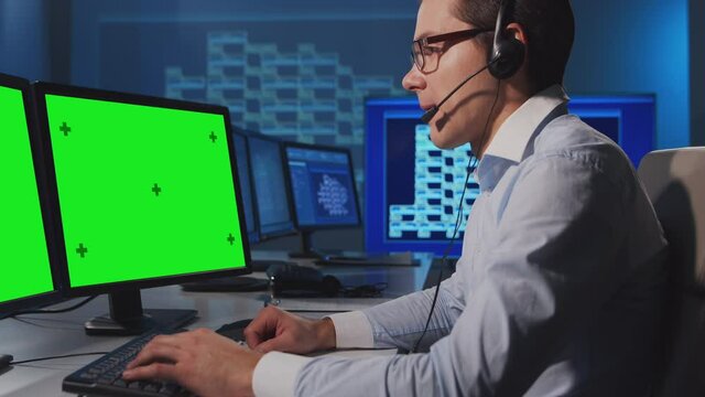 Assistant is working in the phone support office. Working day of sales manager in the call center. Concept of business, telephone consulting and problem solving.