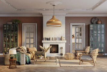 A cozy living room interior in  scandinavian style with a fireplace