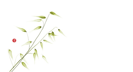 Green wild meadow grass on white background. Traditional Japanese ink wash painting sumi-e in minimalist style. Hieroglyph - clarity.
