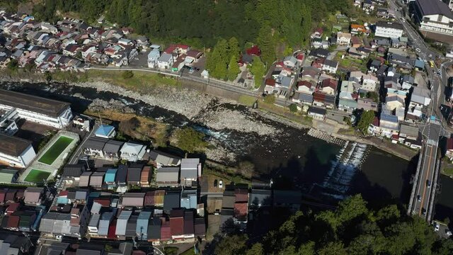 Aerial view of Gujo-hachiman city and Yoshida river in the morning, Gifu Japan
