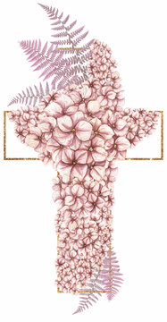 Watercolor Easter Cross Clipart, Hydrangea Flowers Frame Clip art, Pink  Baptism Crosses, Religious illustration Wedding Invitation, new baby girl, Holy Spirit, christening card, florall art