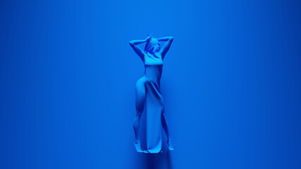 Blue Woman Standing with Arms Up in a Abstract Dress with Blue Background 3d illustration render