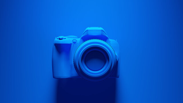 Blue DLSR Camera with Blue Background 3d illustration render	
