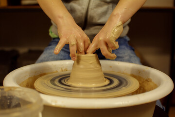 Master class on modeling of clay on a potter's wheel In the pottery workshop.	