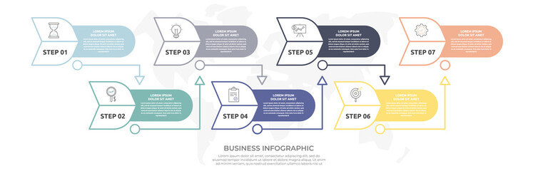 Modern vector flat illustration. Line infographic arrows template with eight elements, arrows, icons. Timeline designed for business, presentations, web design, interface, diagrams with 7 steps