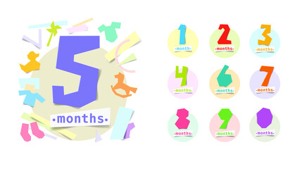 Fototapeta na wymiar Set of vector stickers with the inscription 1, 2, 3, 4, 5, 6, 7, 8, 9, 0 months. Happy birthday card for a child up to one year old. Colorful art design cut with paper scissors.