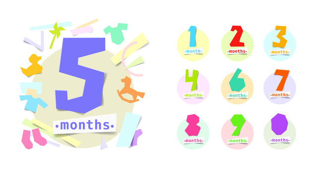 Set of vector stickers with the inscription 1, 2, 3, 4, 5, 6, 7, 8, 9, 0 months. Happy birthday card for a child up to one year old. Colorful art design cut with paper scissors.