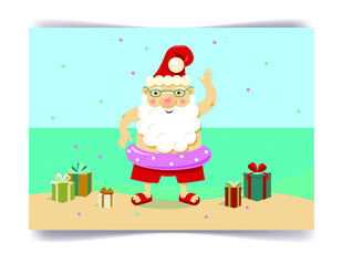 Santa Claus in shorts and with a swimming circle on the beach with gifts. Summer Christmas and New Year concept.