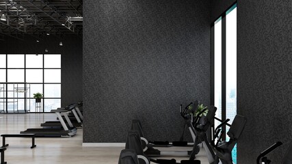 A black blank wall in modern gym interior with wooden floor