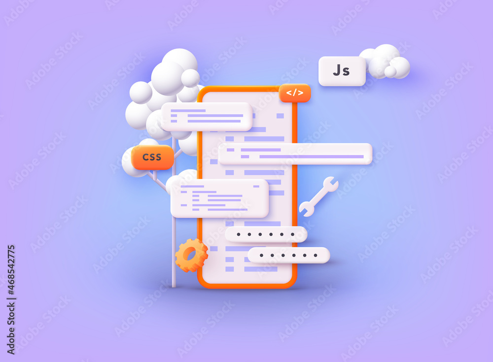 Poster mobile application development process. smartphone interface building process, mobile app. 3d web ve