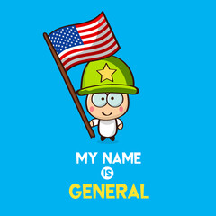 vector cartoon funny cute USA general with military helmet isolated on blue background.