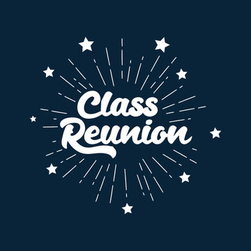class reunion. cartoon font on on vintage sun rays.