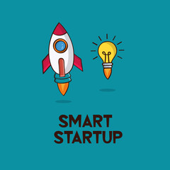 smart startup concept - rocket and bulbs in cartoon style.