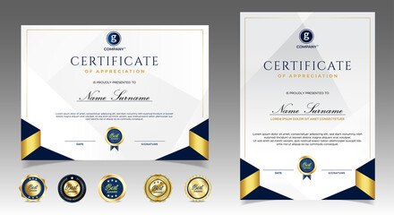 Certificate of appreciation template, gold and blue color. Clean modern certificate with gold badge. Certificate border template with luxury and modern line pattern. Diploma vector template
