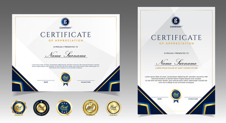 Certificate of appreciation template, gold and blue color. Clean modern certificate with gold badge. Certificate border template with luxury and modern line pattern. Diploma vector template
