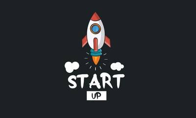 start up concept - comic start up text with rocket launch.