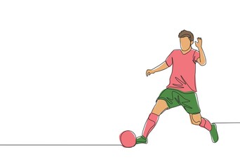 Fototapeta na wymiar One single line drawing of young energetic football player win the ball and dribbling it to the opponent's area. Soccer match sports concept. Continuous line draw design vector illustration