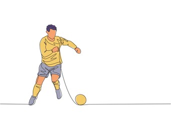 One single line drawing of young football player with long sleeve shirt dribbling the ball at training session. Soccer match sports concept. Continuous line draw design vector illustration