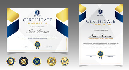 Certificate of appreciation template, gold and blue color. Clean modern certificate with gold badge. Certificate border template with luxury and modern line pattern. Diploma vector template
 - obrazy, fototapety, plakaty