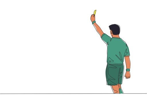 One single line drawing of young referee booked a player yellow card for the foul at the match. Soccer sports concept. Continuous line draw design vector illustration