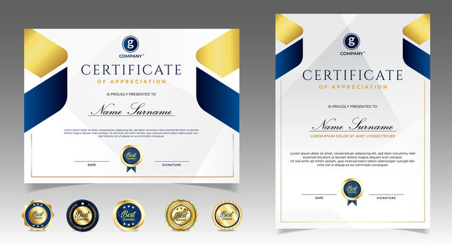 Certificate of appreciation template, gold and blue color. Clean modern certificate with gold badge. Certificate border template with luxury and modern line pattern. Diploma vector template
