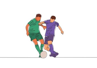 Fototapeta na wymiar One continuous line drawing of young energetic football player try to pass opponent defender and score the ball to the goal. Soccer match sports concept. Single line draw design vector illustration