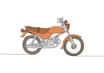 Fototapeta na wymiar One single line drawing of vintage motorbike logo. Classic rural motorcycle concept. Continuous line draw design vector illustration
