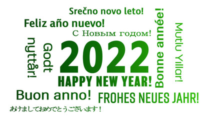 illustration of a word cloud with the message happy new year in green and in different languages