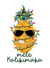 Mele Kalikimaka Happy New Year Christmas in Hawaiian pineapple in sunglasses with a garland. Xmas greeting. - obrazy, fototapety, plakaty