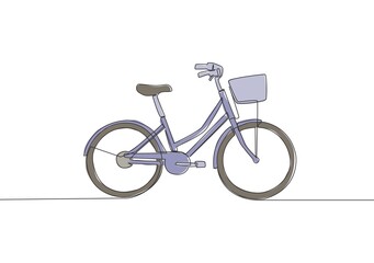 One single line drawing of girly classic roadster bicycle logo. Bike with basket at the front concept. Continuous line draw design vector illustration