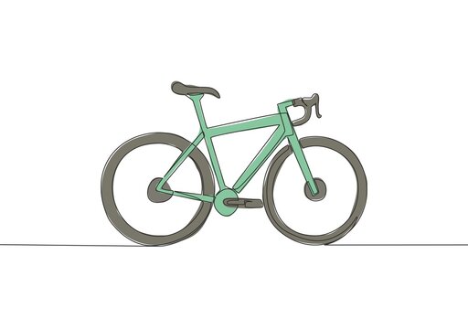 Single continuous line drawing of mountain race bicycle logo. Urban bike to work and go green movement concept. One line draw design vector illustration