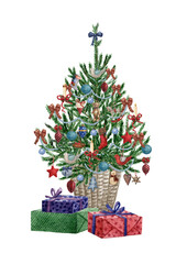 Watercolor illustration: Christmas tree decorated with balls,hand made toys and ornaments. Present boxes and gifts in red , blue colors.Template for the design of posters, cards, invitations