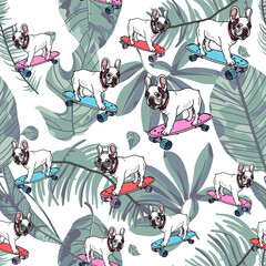 French Bulldog on skateboard and tropical leaves seamless pattern.