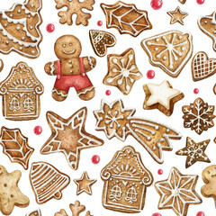 Fototapeta na wymiar Winter seamless patterns with gingerbread cookies. Awesome holiday watercolor background. Christmas repeating texture for surface design, wallpapers, fabrics, wrapping paper etc.