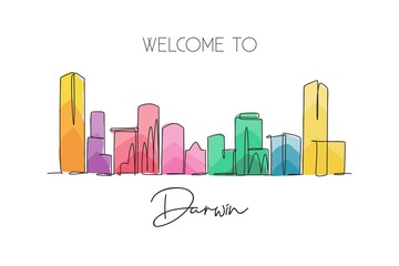 Fototapeta premium One continuous line drawing of Darwin city skyline, Australia. Beautiful landmark. World landscape tourism travel vacation poster. Editable stylish stroke single line draw design vector illustration