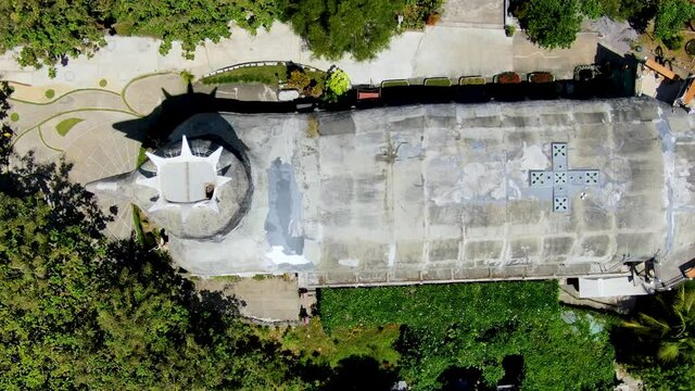 Church building made like chicken in Indonesia, aerial top down view