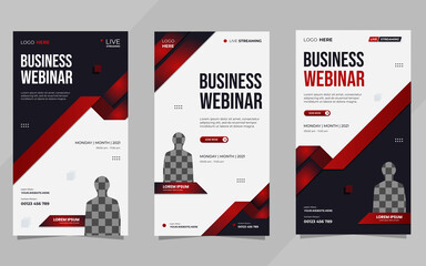Set of social media stories templates for Business Webinar, Marketing Webinar business conference and other seminars on black and white background and red ribbon
