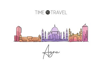 One single line drawing of Agra city skyline, India. Historical town landscape poster print. Best holiday destination. Editable stroke trendy continuous line draw design vector graphic illustration