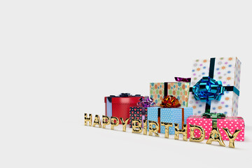 Happy Birthday typography and gift boxes for birthday celebration, party or other promotion social media banners. 3D rendering