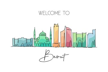 Single continuous line drawing of Beirut city skyline, Lebanon. Famous city scraper and landscape home wall decor poster print. World travel concept. Modern one line draw design vector illustration - obrazy, fototapety, plakaty