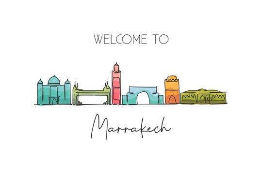 Single continuous line drawing of Marrakech city skyline, Morocco. Famous city scraper and landscape home wall decor poster print. World travel concept. Modern one line draw design vector illustration