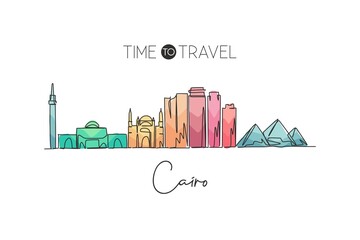 One single line drawing of Cairo city skyline, Egypt. Historical town landscape postcard print. Best holiday destination. Editable stroke trendy continuous line draw design vector graphic illustration - obrazy, fototapety, plakaty