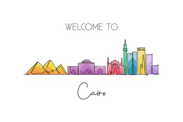 One continuous line drawing of Cairo city skyline, Egypt. Beautiful landmark. World landscape tourism and travel vacation. Editable stylish stroke single line draw design vector graphic illustration