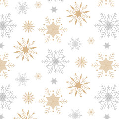 Gold ans Silver Snowflakes Seamless Pattern. Cute backdrop for xmas wrapping paper, invitation background, wallpaper, textile, web, banner, etc. Vector. Vector illustration
