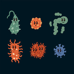 Cartoon icons for medicine Crown Stop. A set of viruses and bacteria for children's medical posters. Icons of microbes under the microscope. Vector illustration